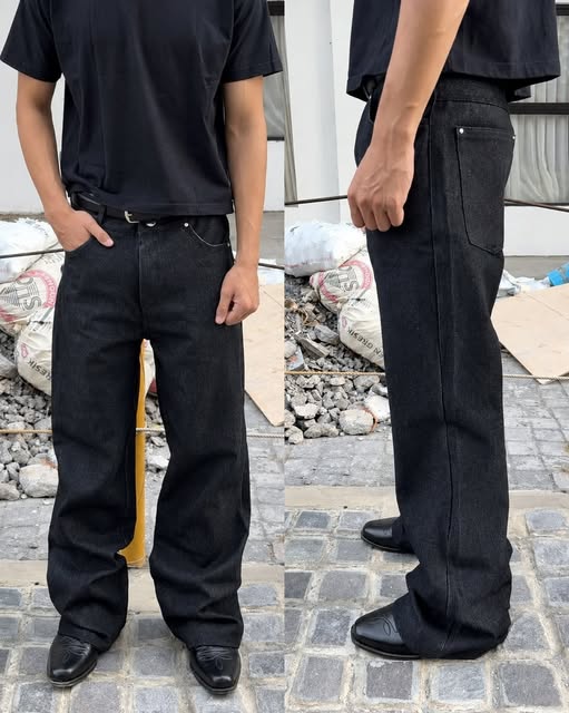 Two views of black denim worn outdoors