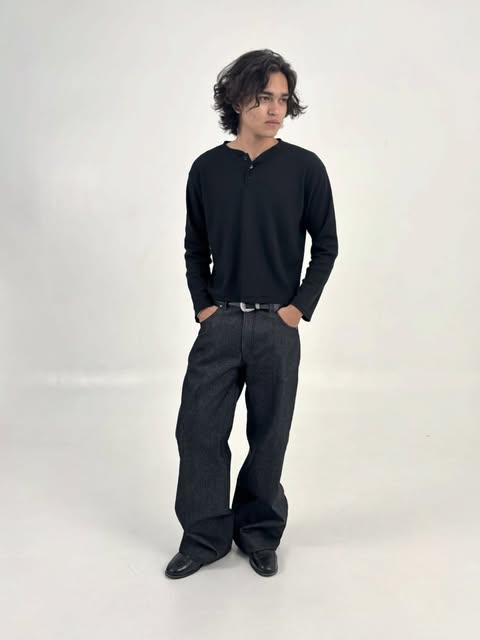Full-length denim styling portrait