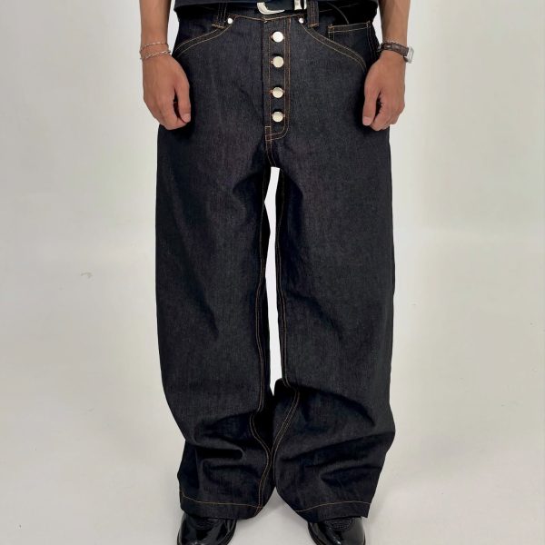 Milano raw denim with five exposed buttons and gold stitching