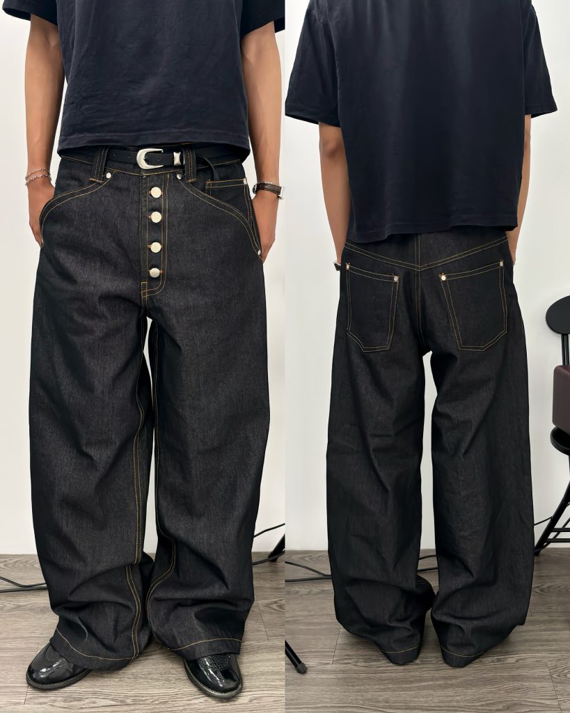 Milano wide-leg raw denim worn with a black top