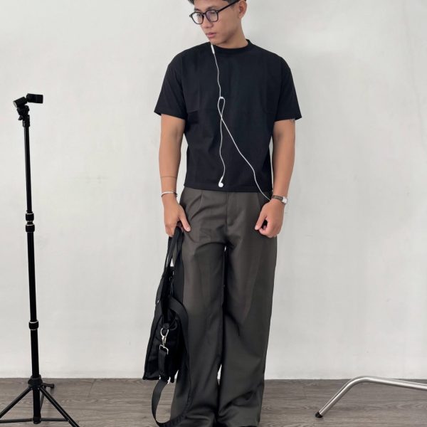 Classic Core Black T-shirt and Double Pleated Trousers in Dark Grey