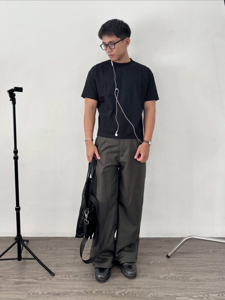 Classic Core Black T-shirt and Double Pleated Trousers in Dark Grey