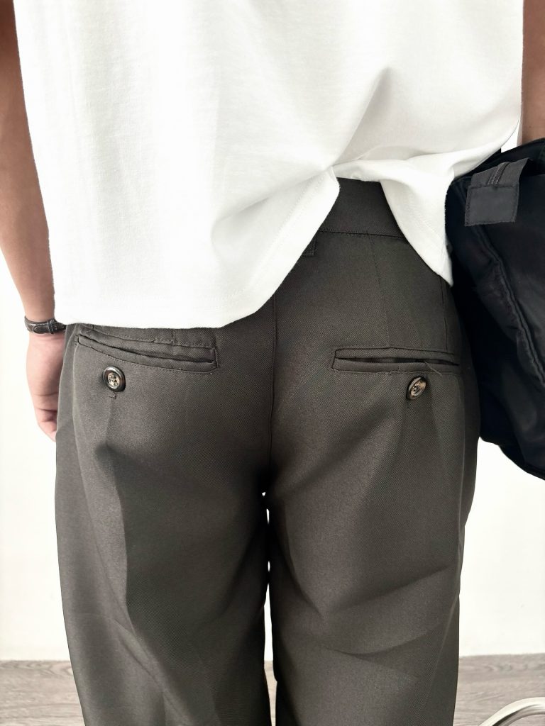 Double Pleated Trousers in Dark Grey, rear pocket detail
