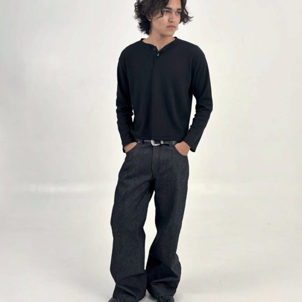Echo Black Sulfur semi-bootcut denim, full-length front view