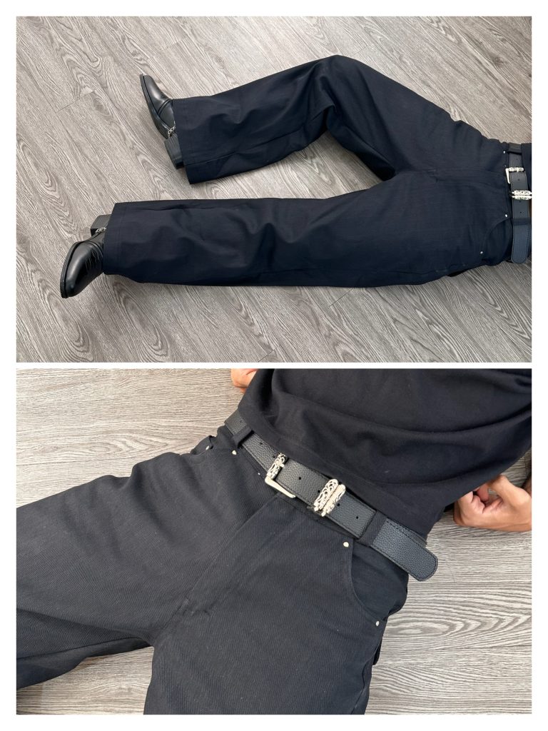 Noir wide-leg denim with waistband and fabric detail